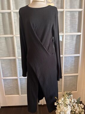 New York & Company Black Asymmetric Wrap-Front Long Sleeve Dress